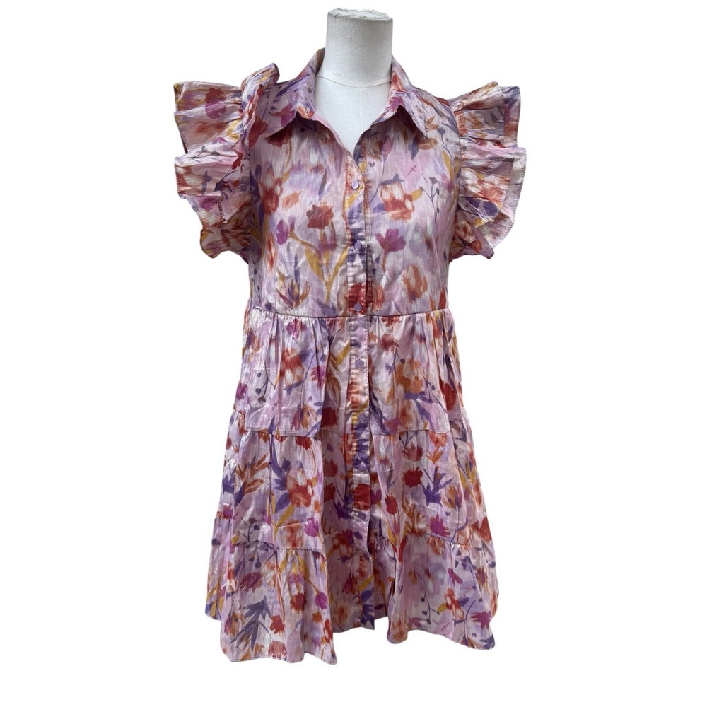 Maison Tara Metallic Floral Tiered Ruffle Sleeve Shirt Dress Pink 10
